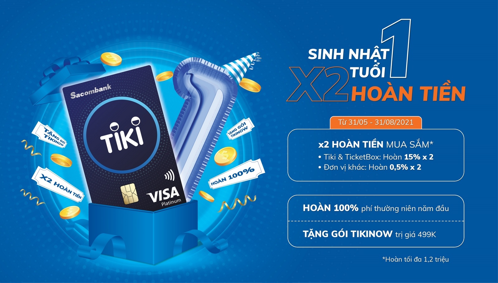 hoan phi thuong nien va tang tien cho khach hang mo the sacombank tiki