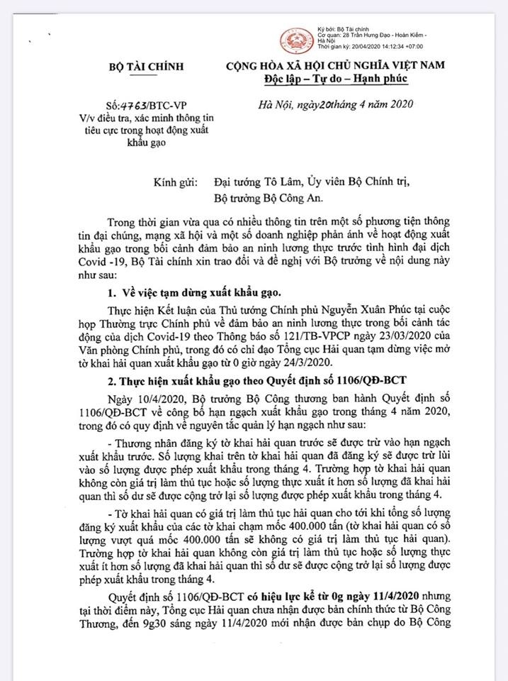 bo tai chinh de nghi dieu tra xac minh thong tin tieu cuc trong hoat dong xuat khau gao